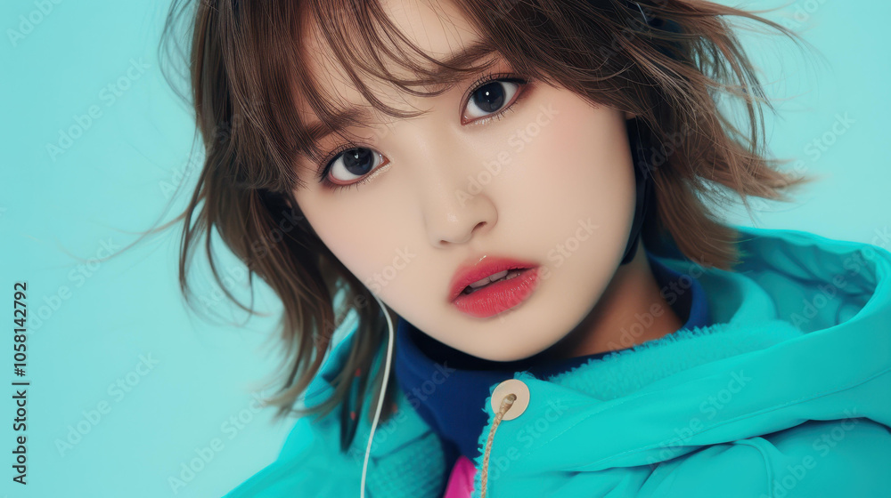 Young, calm Asian girl wearing headphones, exuding a serene vibe while enjoying her music in an intimate portrait. Young, calm Asian girl wearing headphones, exuding a serene vibe while enjoying her music in an intimate portrait.