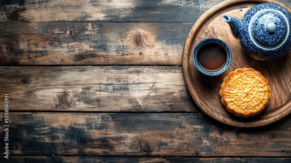 Tea and mooncake served on a wooden table in autumn setting Tea and mooncake served on a wooden table in autumn setting