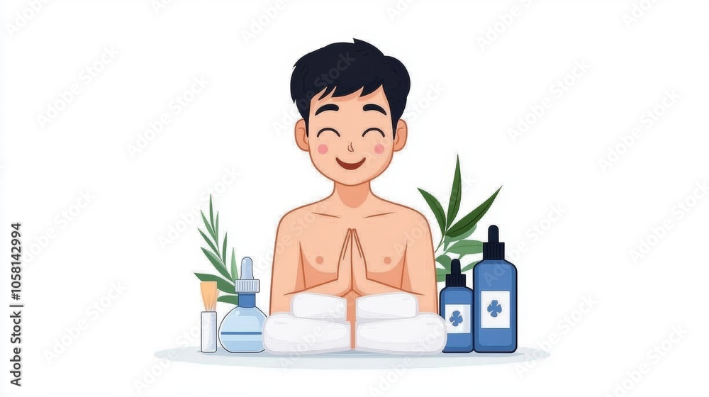 Happy Man Relaxing With Spa Products and Towels Happy Man Relaxing With Spa Products and Towels