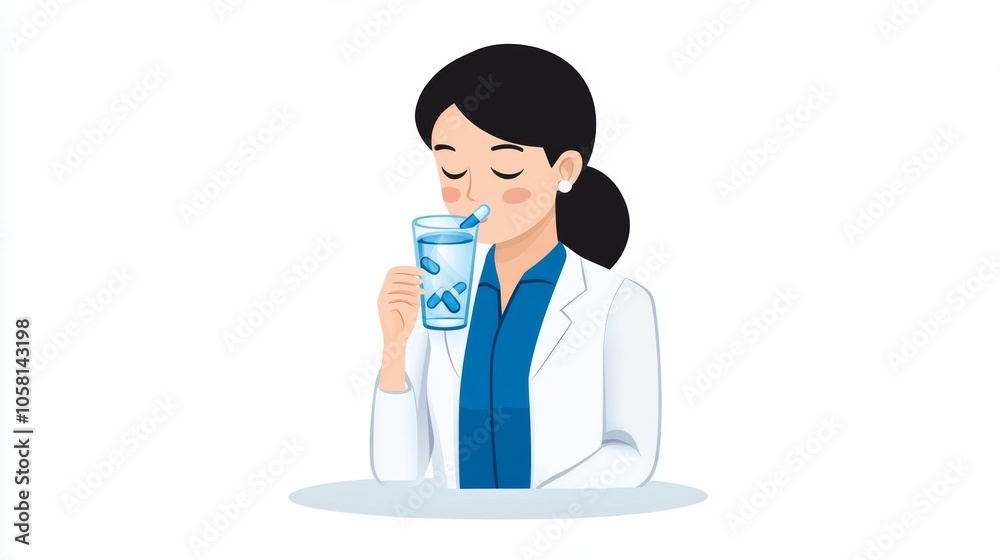 Woman Doctor Taking Pills with Water Illustration Woman Doctor Taking Pills with Water Illustration