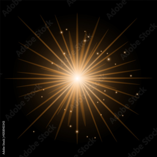 Golden shining vector sun with transparent rays. Yellow detonation effect.