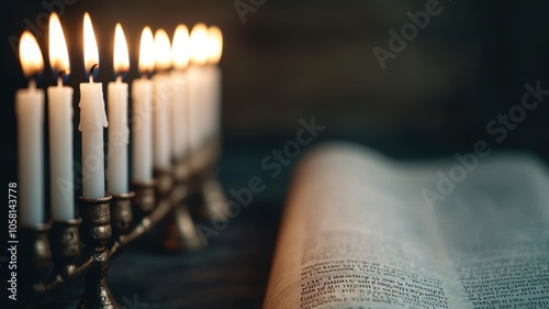 A warm ambiance created by lit candles next to an open book, suggesting themes of spirituality, tradition, and reflection. photo