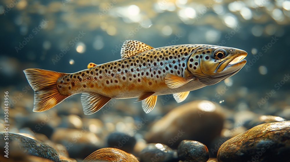 A brown trout swims in a clear river with a rocky bottom, the sunlight shines through the water. A brown trout swims in a clear river with a rocky bottom, the sunlight shines through the water.