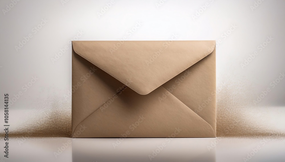 A simple brown envelope rests on a clean surface, surrounded by a scattering of small, fine particles, suggesting the theme of communication or secrecy.