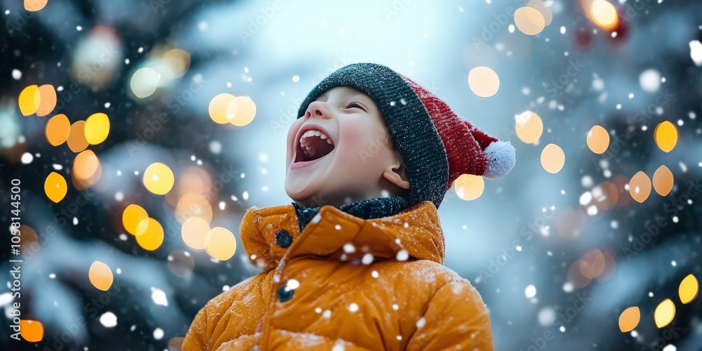 A child in a yellow coat and Santa hat joyfully laughing amidst falling snow and enchanting holiday lights, capturing the spirit of winter and festive cheer. A child in a yellow coat and Santa hat joyfully laughing amidst falling snow and enchanting holiday lights, capturing the spirit of winter and festive cheer.