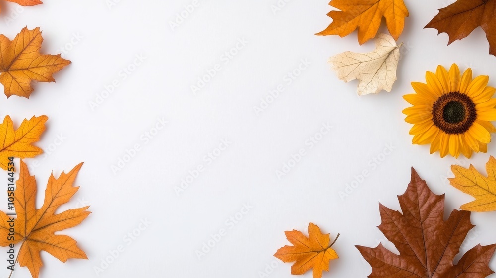 Autumn Leaves and Sunflower Border on White Background Autumn Leaves and Sunflower Border on White Background