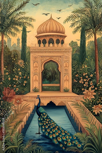 Mughal garden with arch, peacock, and palace illustration for a wedding invitation.
