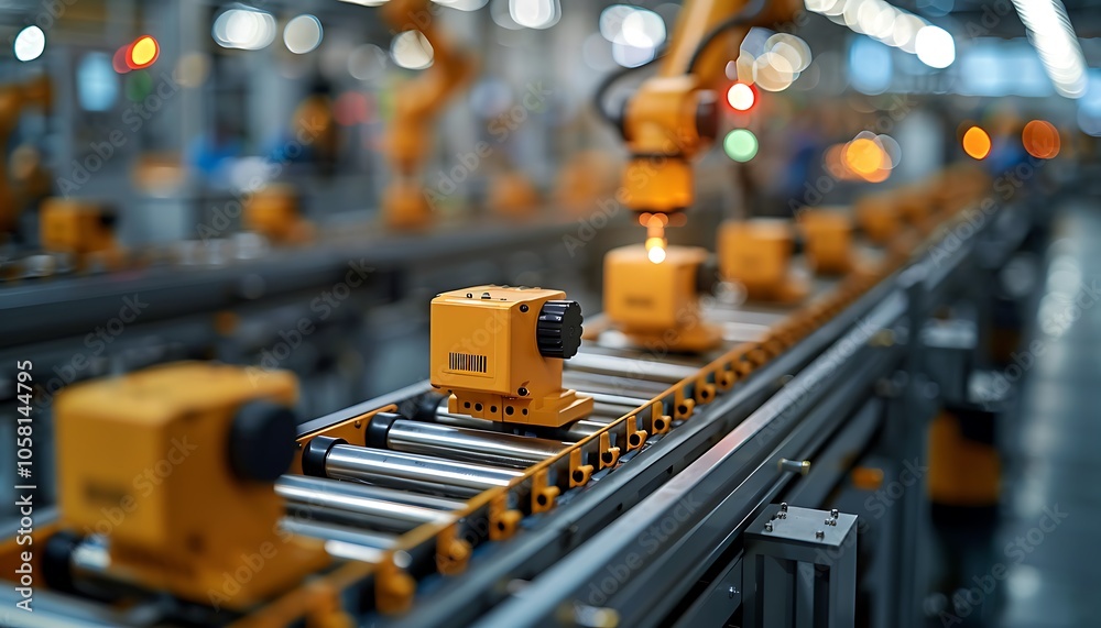 A high-tech industrial scene showcasing robotic arms assembling products on a conveyor belt in a vibrant factory setting. A high-tech industrial scene showcasing robotic arms assembling products on a conveyor belt in a vibrant factory setting.