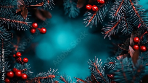 Christmas Wreath Border with Red Berries and Teal Background