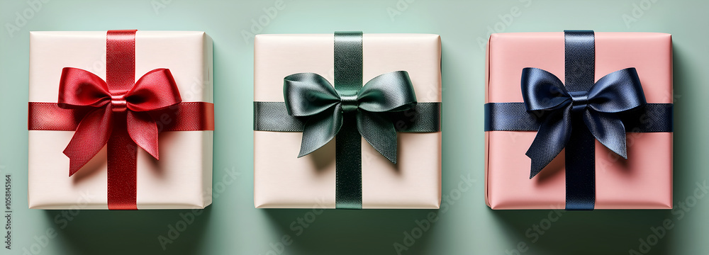 Three white gift boxes with red, blue, and green bows, isolated on a solid background. Three white gift boxes with red, blue, and green bows, isolated on a solid background.