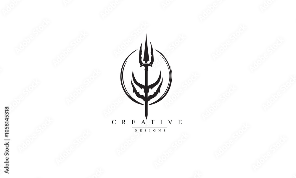 Circular Trident Neptune God Poseidon Triton King Spear or Devil Spear black logo design Circular Trident Neptune God Poseidon Triton King Spear or Devil Spear black logo design