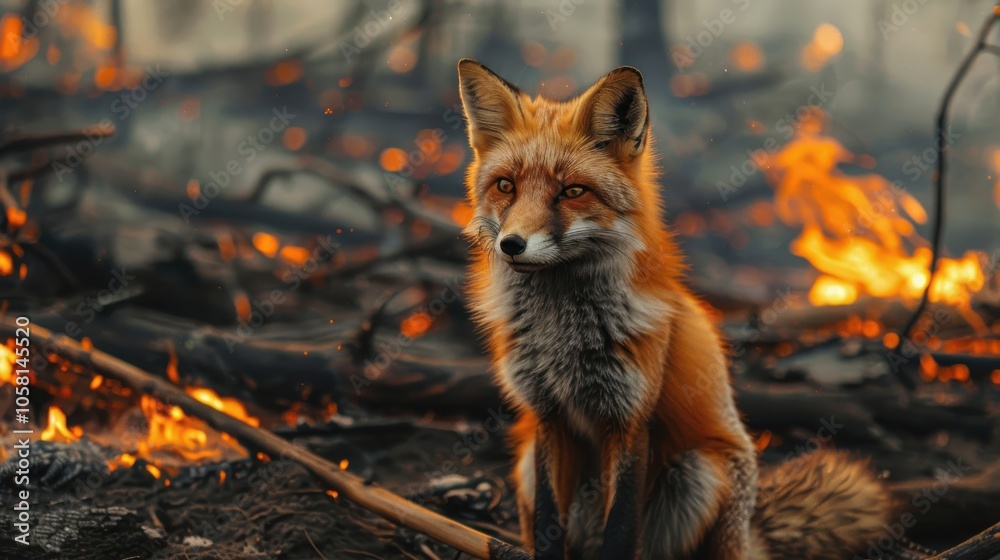 Fototapeta premium In a devastated landscape, a tiny fox is seen sitting near a fire amidst the scorched forest.Environmental Disaster.