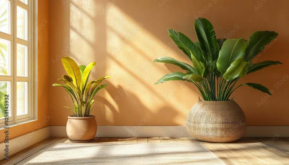 Warm Sunlit Interior with Vibrant Green Plants Warm Sunlit Interior with Vibrant Green Plants