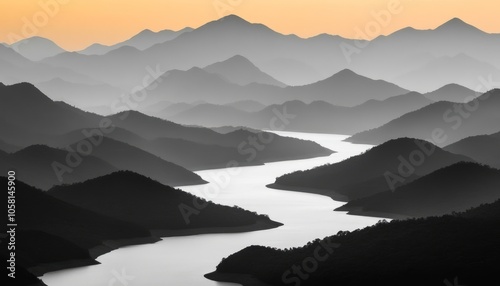 Serene view of a winding river flowing through a mountain range, with soft light illuminating the scene.