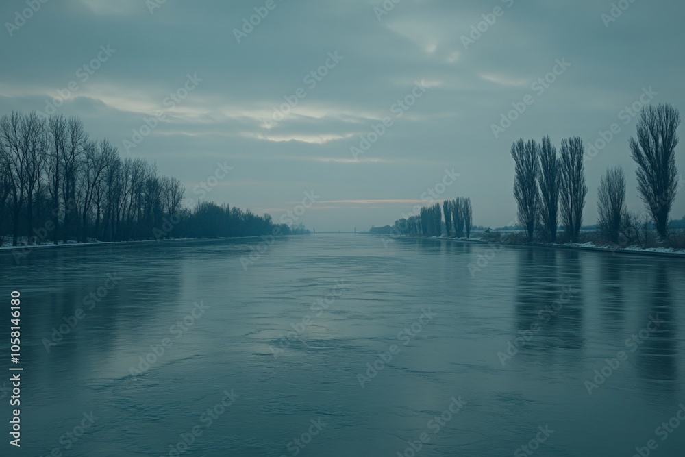 Obraz premium Winter river lined with snow covered trees under an overcast sky capturing the serene beauty and quiet reflection of a cold peaceful winter landscape