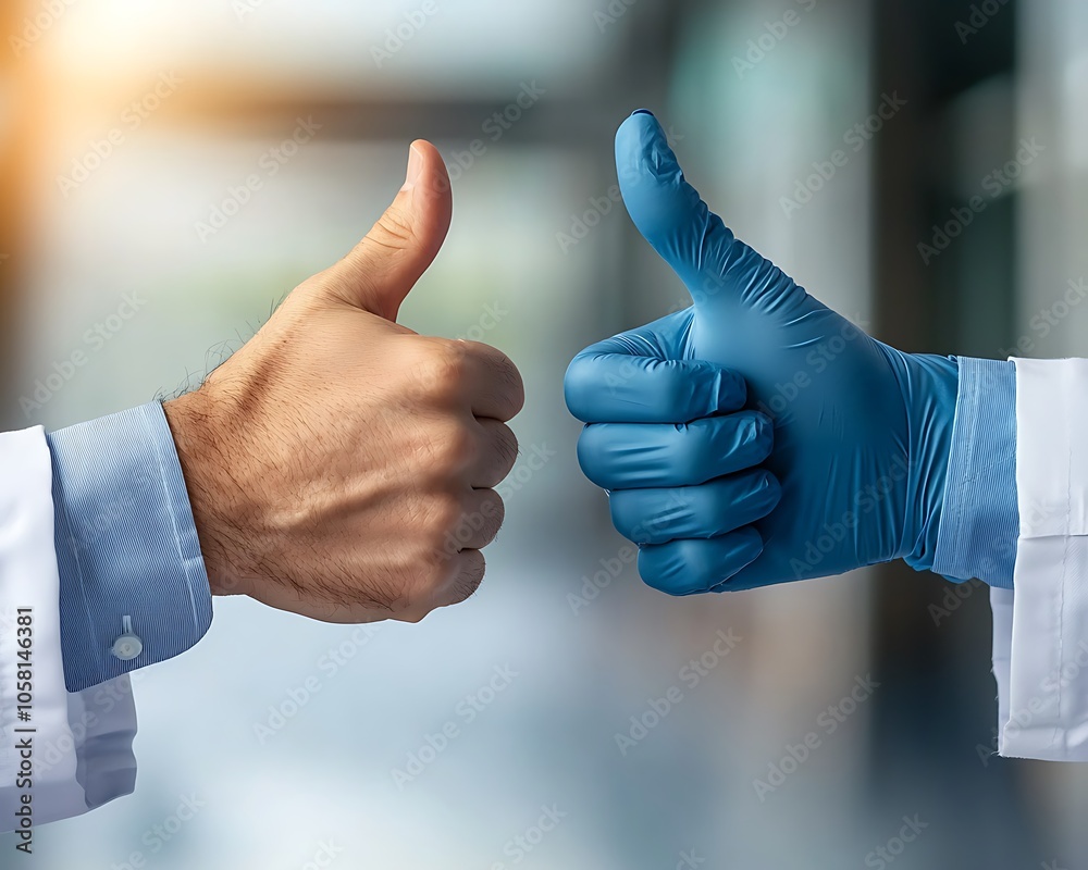 Two hands giving a thumbs up, one wearing a medical glove, signify agreement and support in a healthcare setting, showcasing positivity and trust.