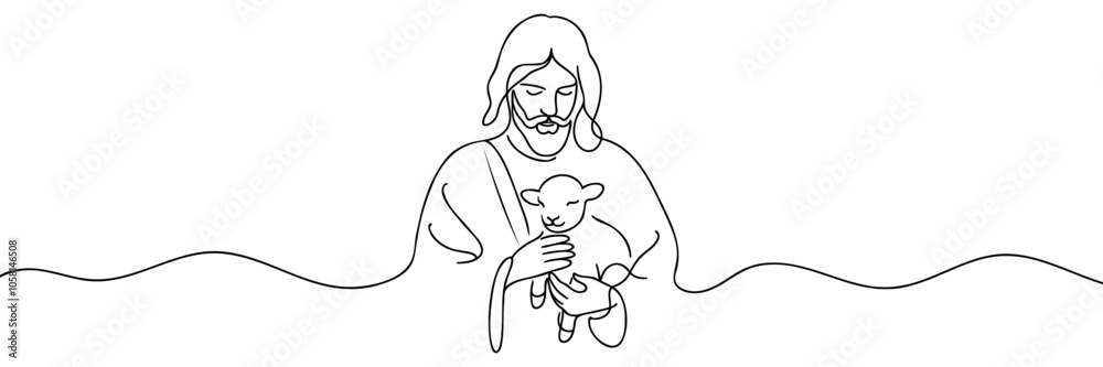 Continuous one line drawing of Jesus Christ holding a lamb in his arms. Continuous one line drawing of Jesus Christ holding a lamb in his arms.