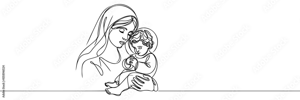 Mary with the newborn Jesus in her arms Continuous one line drawing Mary with the newborn Jesus in her arms Continuous one line drawing