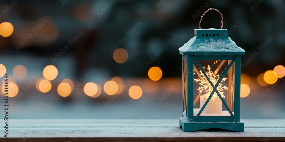 A charming blue lantern with a snowflake pattern casts a warm light against a backdrop of twinkling lights, evoking a sense of winter magic and cozy nights. A charming blue lantern with a snowflake pattern casts a warm light against a backdrop of twinkling lights, evoking a sense of winter magic and cozy nights.