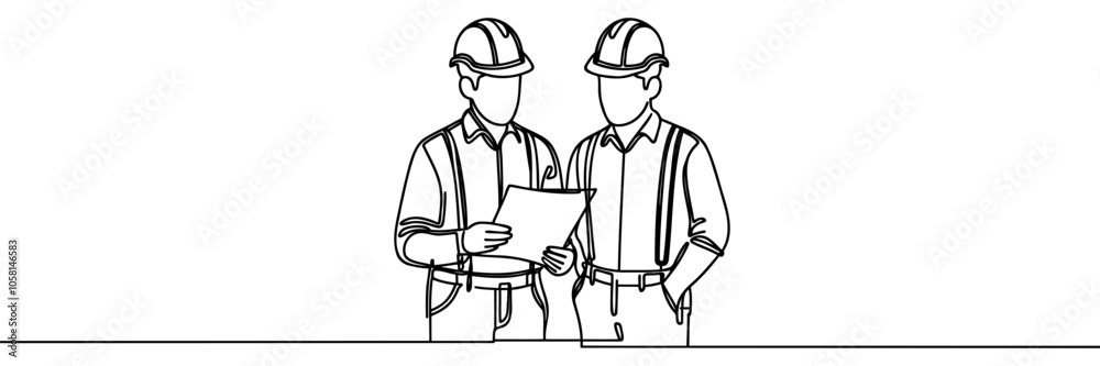 Two male engineers standing in hard hat Continuous one line drawing Two male engineers standing in hard hat Continuous one line drawing