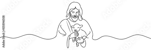 Continuous one line drawing of Jesus Christ holding a lamb in his arms.
