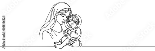 Mary with the newborn Jesus in her arms Continuous one line drawing
