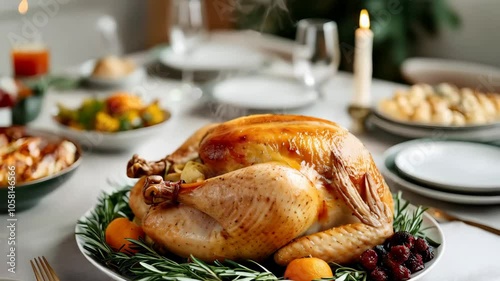 American traditional golden roasted turkey with cranberry sauce for Thanksgiving or Christmas dinner. Family dinner. Festive table with food and drinks for holiday celebration