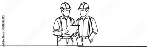 Two male engineers standing in hard hat Continuous one line drawing
