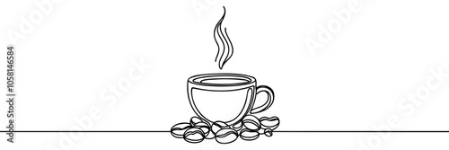 One continuous line drawing Cup of Coffee with coffee beans. A cup of coffee simple outline vector.