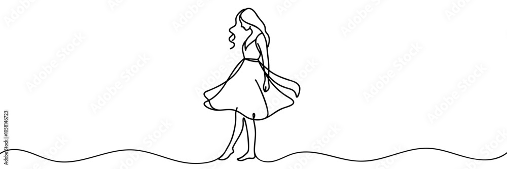 Young beautiful girl in a dress. Continuous one line drawing Young beautiful girl in a dress. Continuous one line drawing