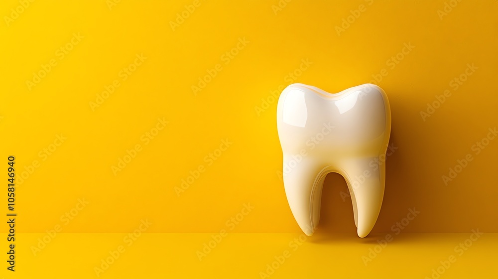 A single, white tooth on a yellow background. A single, white tooth on a yellow background.