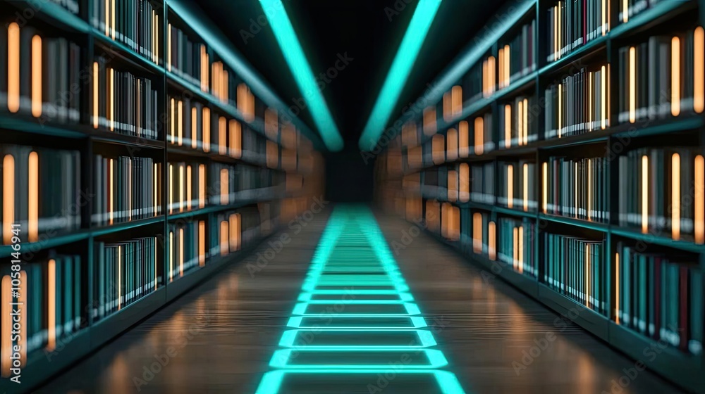 Futuristic library interior with illuminated shelves and glowing paths. Futuristic library interior with illuminated shelves and glowing paths.