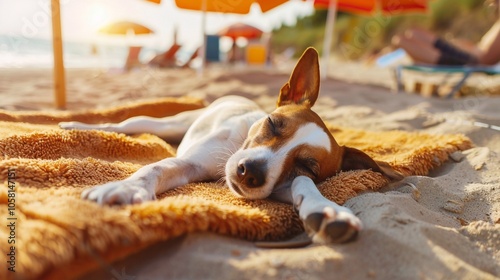 A tired dog rests on the hot beach, its fur glistening in the sun, tongue hanging out as it escapes the midday heat.