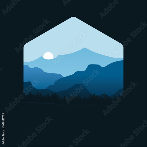 A vector illustration of a mountainous landscape in the evening with a dark pine forest atmosphere