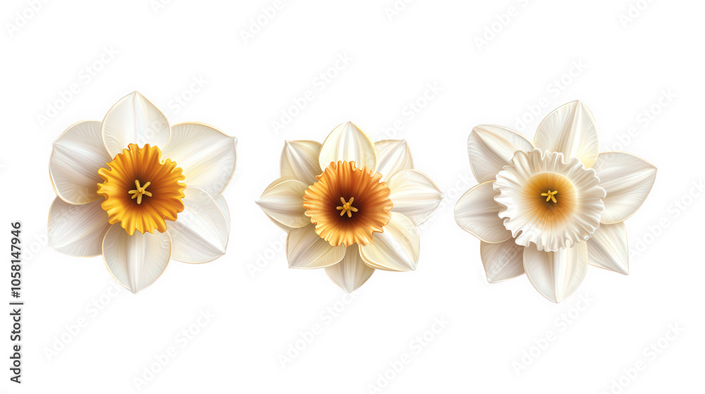 Obraz premium Set of daffodil illustrations showcasing unique floral designs and vibrant colors, isolated on transparent PNG background