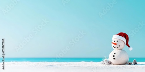 A charming snowman with a Santa hat enjoys the sunny beach atmosphere, creating a unique blend of winter and summer elements by the calm ocean, spreading cheer.