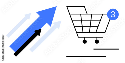 Shopping cart with a notification badge and three upward arrows. Ideal for e-commerce, business growth, digital sales, marketing success, economic growth, online shopping trends, financial progress