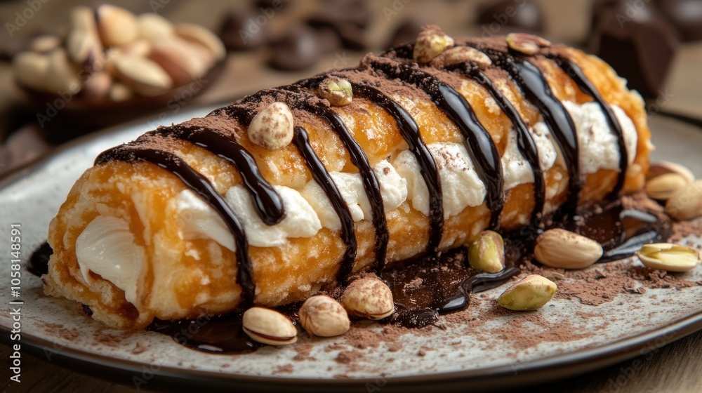 A delicious pastry roll filled with whipped cream, topped with chocolate sauce and pistachios.