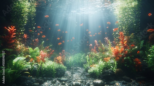 A serene underwater scene with a beam of light shining through the water, illuminating a vibrant coral reef and a school of fish.