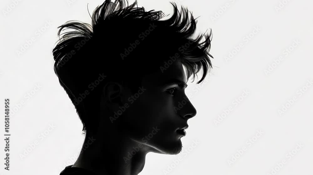Silhouette of a young man standing alone, against a white background.