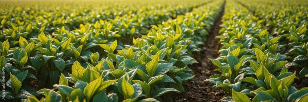 Coffee plantation at dawn, rows of coffee plants with dew glistening in the soft morning light, light, dawn
