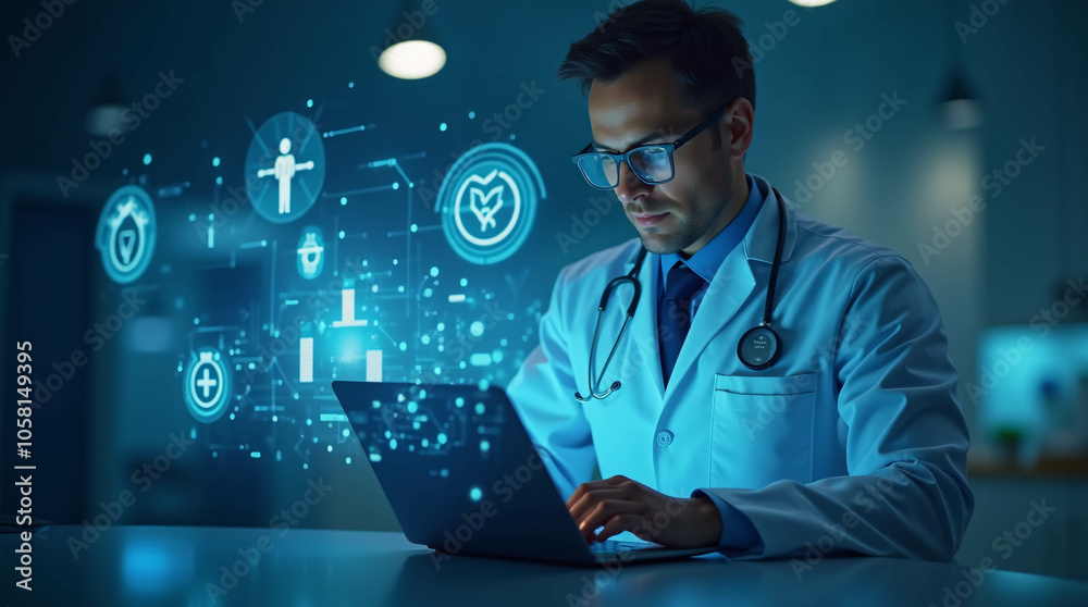 Obraz premium As the doctor uses a laptop, medical icons illuminate.