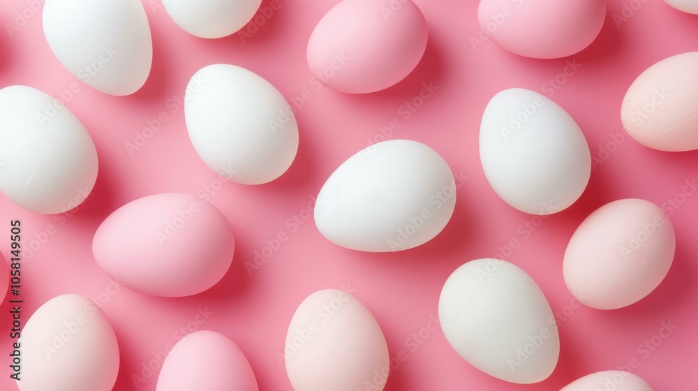 A delightful pattern of pink and white Easter eggs against a vibrant pink backdrop, perfect for spring celebrations. A delightful pattern of pink and white Easter eggs against a vibrant pink backdrop, perfect for spring celebrations.