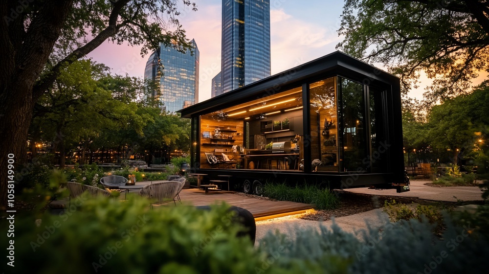 Modern tiny house with large windows in a city park. Modern tiny house with large windows in a city park.