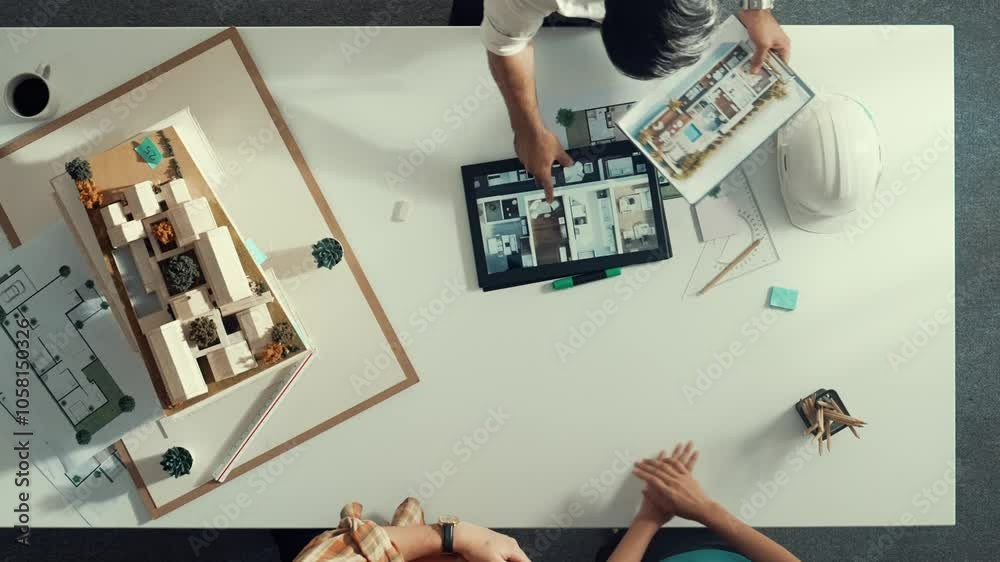Top view of civil engineer team looking tablet and planning building design. Architect looking at project plan while present to investor at meeting table with blueprint and house model. Alimentation.