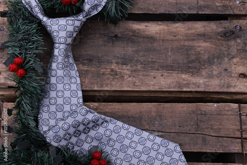 Colorful silver and blue neck tie and Christmas garland on a vintage, worn, wooden crate, with copy space photo