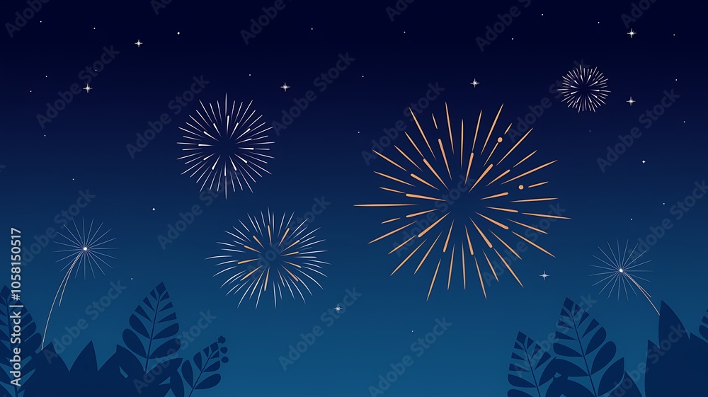 Festive Fireworks Display in a Night Sky with Stars and Silhouette of Foliage Festive Fireworks Display in a Night Sky with Stars and Silhouette of Foliage