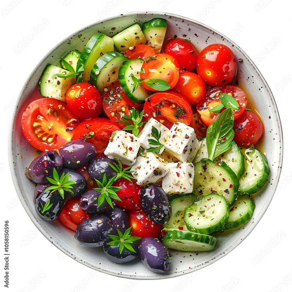 A bowl of Greek salad with cucumbers, tomatoes, Kalamata olives, and feta cheese cubes. Isolated on White Background A bowl of Greek salad with cucumbers, tomatoes, Kalamata olives, and feta cheese cubes. Isolated on White Background