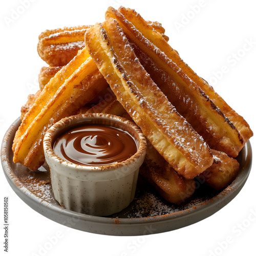 A serving of traditional Spanish churros dusted with cinnamon sugar and served with chocolate sauce. Isolated on White Background