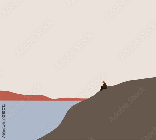 Man sits alone on rocky coast looking at ocean wave. Peaceful and contemplative, enjoying a moment of tranquility. Minimal design.